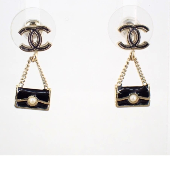 Chanel Black Enamel Bag Dangle Earrings with Pearl Accent Authentic Vintage - Picture 1 of 7